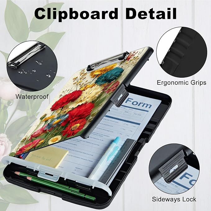 A4 Clipboard with Storage Pen Holder, Clipboards Organizer Nursing Clipboard Foldable File Folder Plastic Clipboard Folio Clip Board for Office Work Classroom Doctor, Pink Yellow Flowers