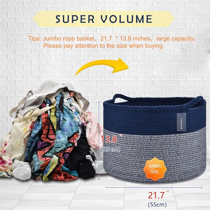 COMSE XXXLarge Woven Blanket & Laundry Basket, 87L, Navy Blue | 21.7" x 13.8", Cotton Rope, Nursery Hamper for Storage of Toys Clothes Towels, Ideal for Living Room Bedroom Bathroom