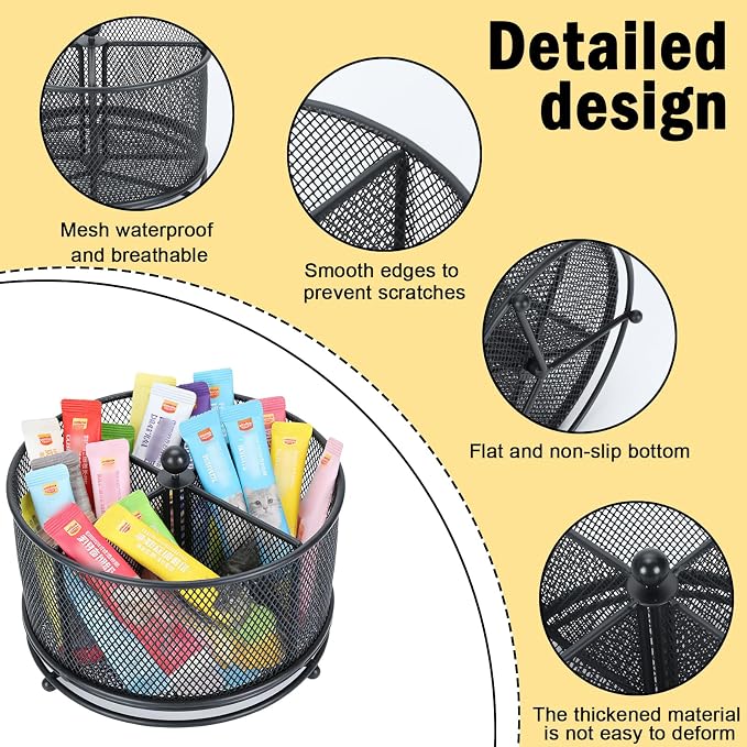Lickable Cat Treats Organizer, Lazy Susan Cat Treat Holder with 4 Divided Compartments, Round Metal Mesh Rotating Pet Storage Basket for Squeeze Up Treats, Snacks and Countertop