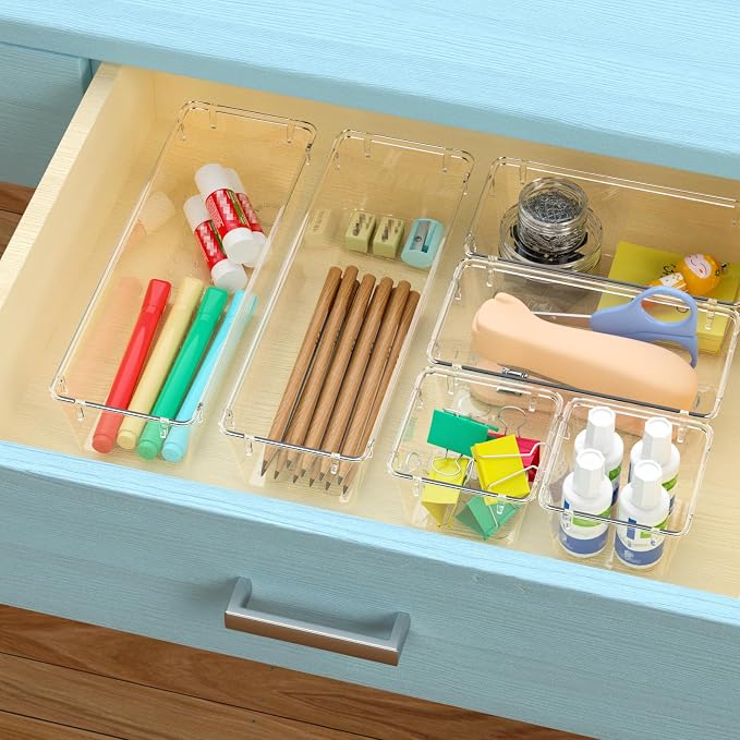 9 Pack Clear Drawer Organizer Set, Drawer Storage Trays, Storage Bins | Acrylic Drawer Storage Trays, Storage Bins for Makeup, Cosmetics, Jewelries, Utensils, Gadgets, Office