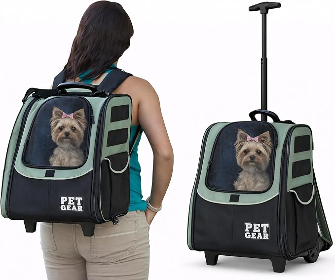 Pet Gear I-GO2 Roller Backpack, Large Traveler, Green Clover | Travel Carrier, Car Seat for Cats/Dogs, Mesh Ventilation, Telescoping Handle, Storage Pouch, Included Tether