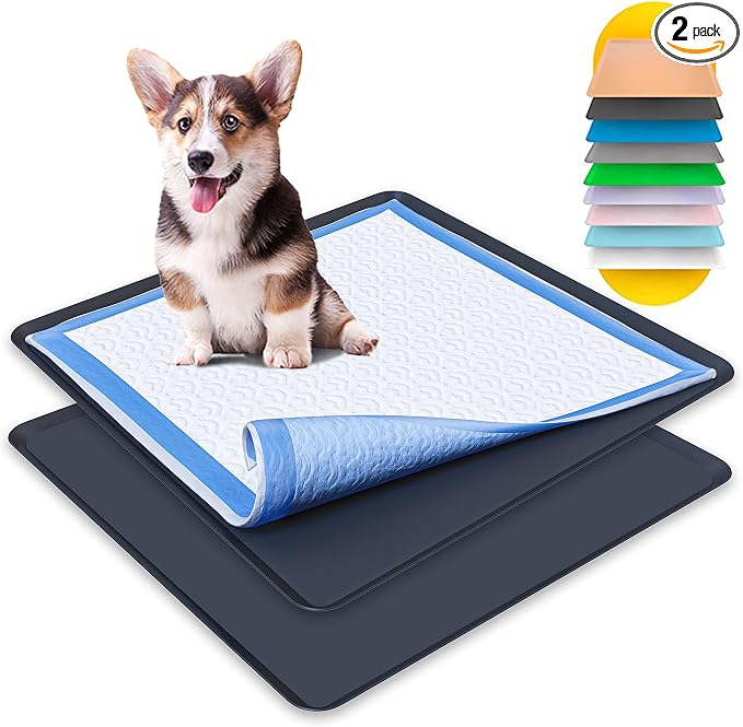 Dog Pee Pad Holder - Fits Up to 24” x 24” Pee Pad - 2 Pack - Black | Stable Grip, Raised Edges, Quick-Wipe Silicone Surface Dog Potty Tray Holder for Indoor Flooring Protection