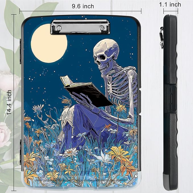 A4 Clipboard with Storage Pen Holder, Clipboards Organizer Nursing Clipboard Foldable File Folder Plastic Clipboard Folio Clip Board for Office Work Classroom Doctor, Book Skull Flower