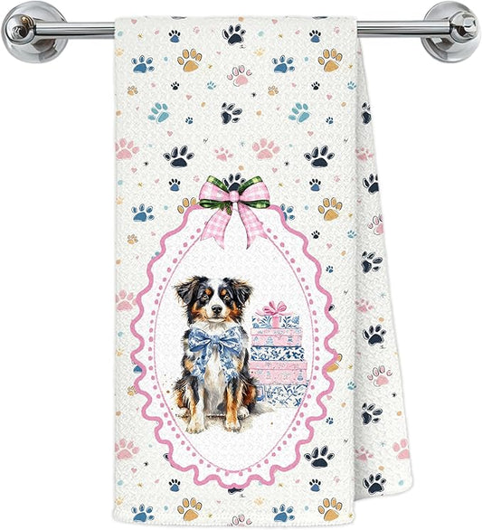Blue Chinoiserie Australian Shepherd Dog Kitchen Towels, Aussie Dog Gifts Dish Tea Towels for Kitchen Decor, Coquette Pink Bow Aussie Hand Towel for Bathroom Decor, 16x24 Inch