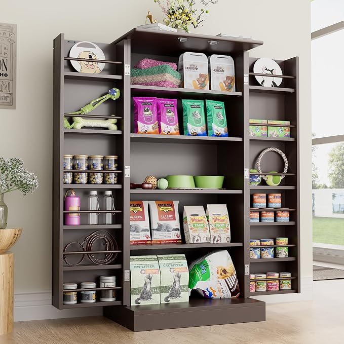Saudism 47" Dog Food Storage Cabinet with Adjustable Shelves, Gray | Freestanding Pet Storage Container Organizer for Living Room and Dinning Room