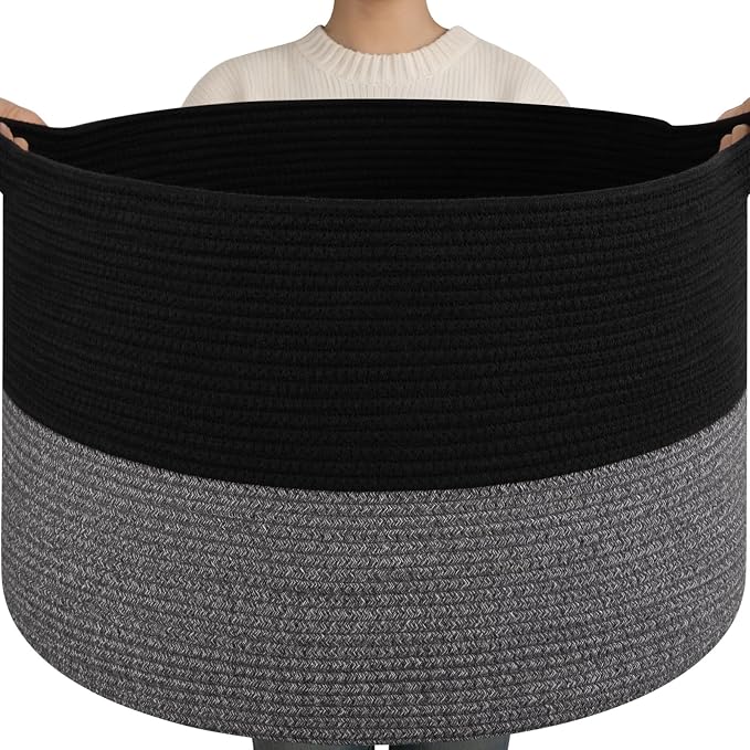 OIAHOMY 115L Extra Large Blanket Basket for Living Room, 23.6" x 15.4" Woven Cotton Rope Laundry Basket for Organizing Pillows, Decorative Stuffed Animal Toy Storage for Nursery, Black and Grey