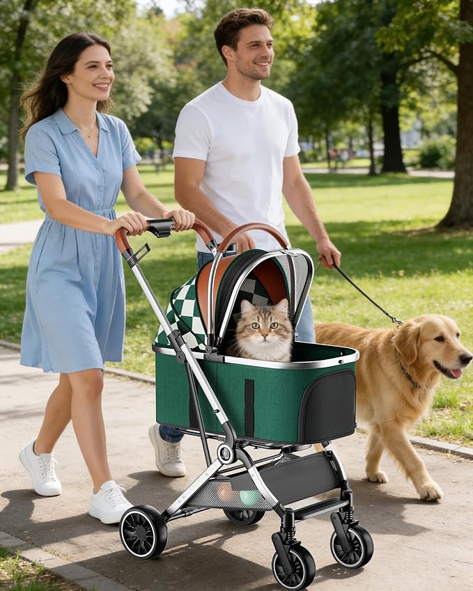 GTPLAYER Pet Stroller for Dogs & Cats, 3-in-1 Foldable Pet Strollers with Detachable Carrier, 360° Swivel Front Wheels & Rear Brakes, Up to 45 lbs, Green