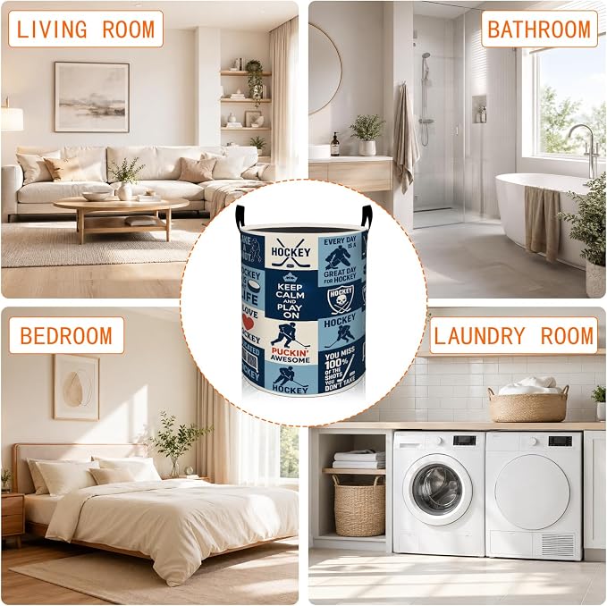 Hockey Sport Laundry Basket, Player Stick Puck Oxford Cloth Dirty Clothes Collapsible Hamper for Room Decor, Athletic Gifts, Toy Organizer 19.7 x 15.7 Inches for Bedroom Bathroom Dorm