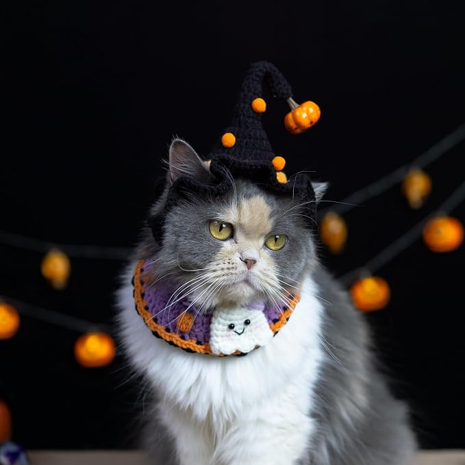 Cat Costume - Cute Ghost Bib & Pumpkin Hat for Cats and Small Sized Dogs, Festive Pet Apparel, Adjustable and Breathable Dog Witch Costume