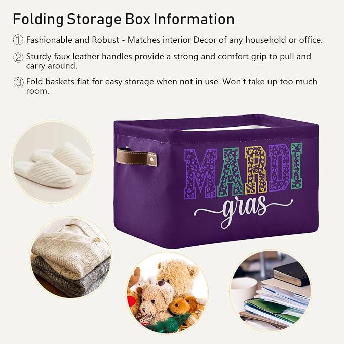 Wamika Happy Mardi Gras Purple Storage Basket with Waterproof Liner and PU Handles Fleur de Lis Storage Bins Boxes 14.2" Collapsible Decorative Organizer Baskets for Bedroom Closet Office 2 Pack