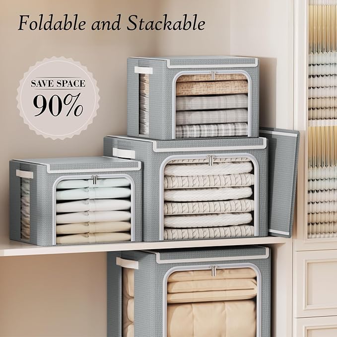 Yecaye Stackable Clothes Storage Bins with Lid, Grey, 40L, 6 Pack | Metal Frame, Foldable, Clear Window & Zippers & PU Leather Handles