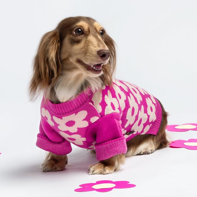 Fitwarm Floral Dog Sweater, Thermal Dog Sweatshirt, Soft Pet Outfit, Hot Pink, White, Large