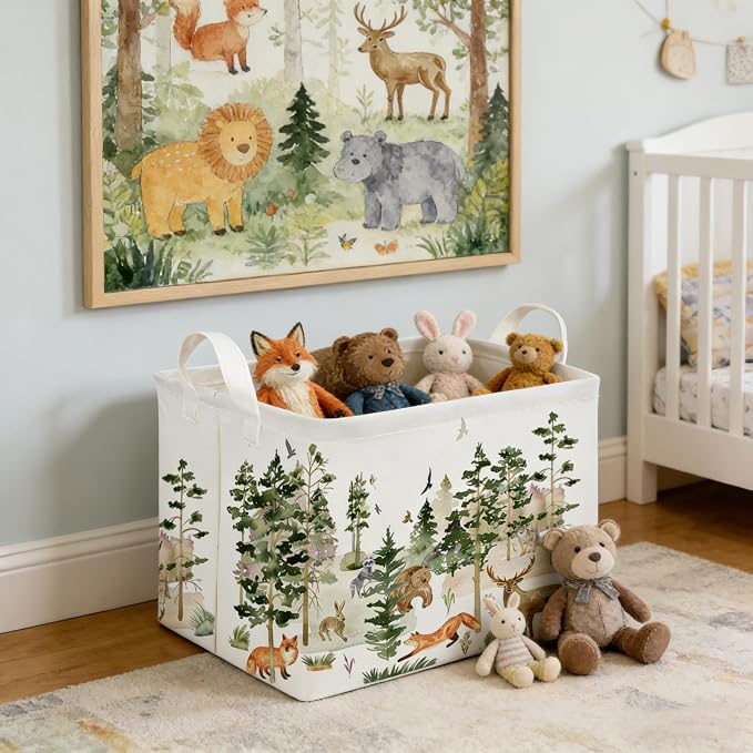 Rectangular Woodland Animal Basket Storage Basket,Bear Fox Gift Box Bin Shelf Book Woodland Room Decor,Gift Baskets(Tree animals)