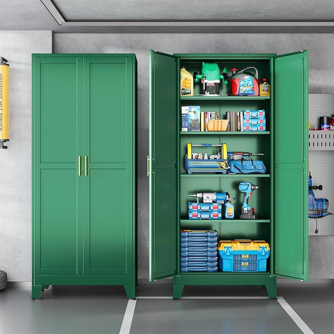 Green Metal Storage Cabinet,75" Steel Cabinets for Home Office | Kitchen Pantry Storage Cabinet with Doors and 5 Adjustable Shelves, Tool Cabinets, for Office, Home, Garage, School