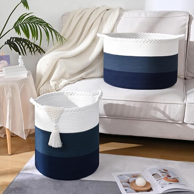 67L Large Woven Blanket Basket, Cotton Rope Baby Laundry Hamper with Handles, Kids Toy Basket for Classroom & Nursery, Soft Round Stuffed Animal Storage, Dog Toy Bin - 20"x13", Dark Blue