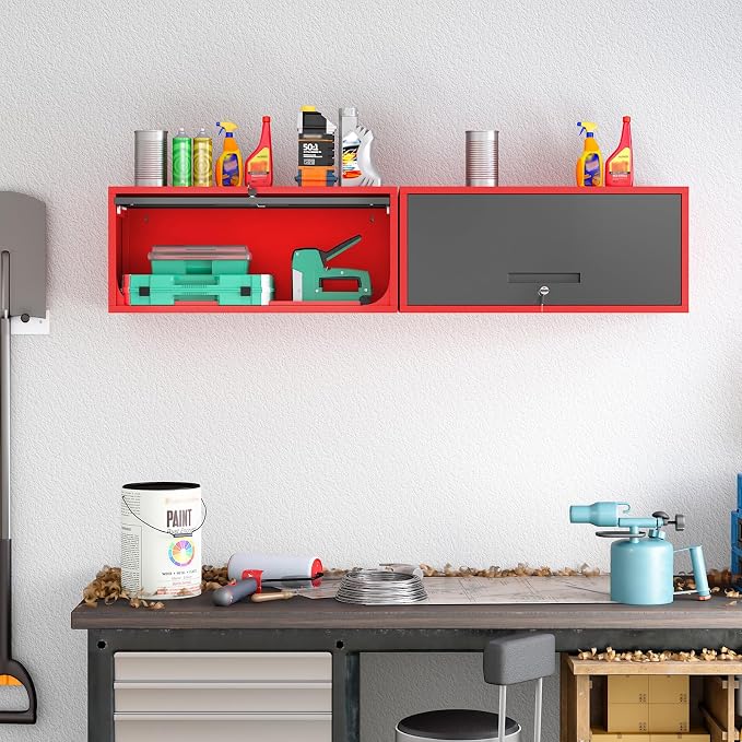 Metal Wall Storage Cabinet with Up-flip Door, Wall-Mounted Storage Cabinet for Garage, Warehouse, Home, Office, Assembly Required (Black Red, One Cabinet)