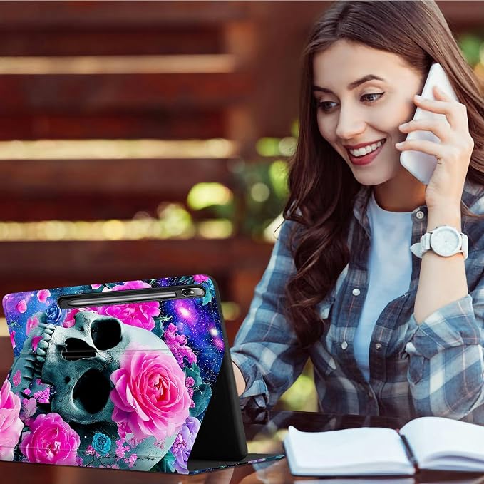 Case for Samsung Galaxy Tab S10+ Plus 2024/ S9 FE Plus/ S9 Plus 12.4" 2023 | Slim Leather Smart Cover with Multi-Angle Anti-Slip Stand [Auto Wake/Sleep] Shell for Women Men, Rose Pink Skull