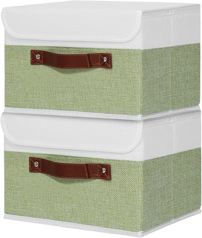 ANMINY Fabric Storage Box Bins with Lids, Green White, 13"x9"x7.9", 2 Pack | Keepsake Memory Storage, Cotton Linen, PP Board Reinforced, Washable, PU Handles, Foldable & Stackable, Decorative, Medium
