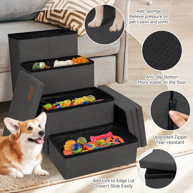 Zerbuger Dog Stairs with Storage, Dark Grey 4 Steps Dog Ramp no Condo | 23" H Wider Dog Steps for High Beds Couch, Folding Storage Pet Stairs Gift for Climbing Small/Medium/Large Old Dogs Cats
