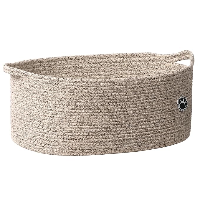 30L Large Woven Rope Dog Toy Basket with Paw Print, Brown | 19.7" x 11" x 7.9" Dog Toy Bin & Box with Handles, Storage Basket for Blankets Towels, Fits Living Room Nursery Bedroom