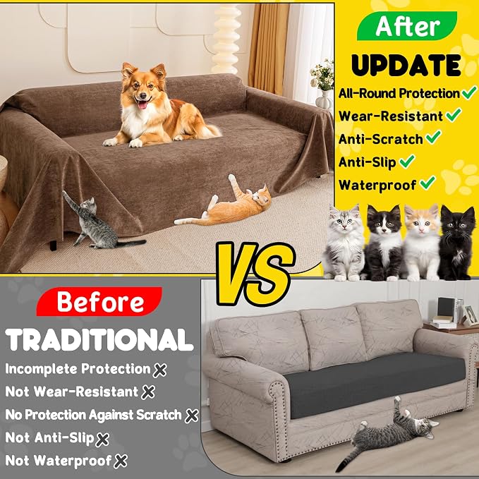 Loiion Cat Scratch Proof Furniture Protector Waterproof Sofa Cover 150"x71" | Pet-Friendly Couch Protector, Anti-Scratch & Anti-Slip Sofa Cover For Cats Dogs Kids, Machine Washable
