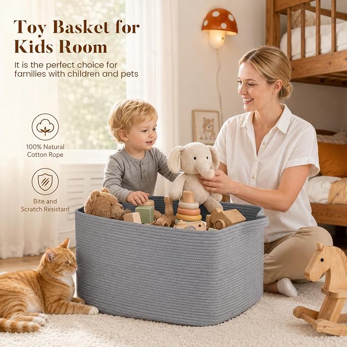 65L Large Woven Blanket Basket for Living Room, 19.7"x15.7"x11.8" | Nursery Laundry Hamper with Handle for Organizing Blankets, Pillows, Toy Storage With Handle, Large Baskets for Organizing