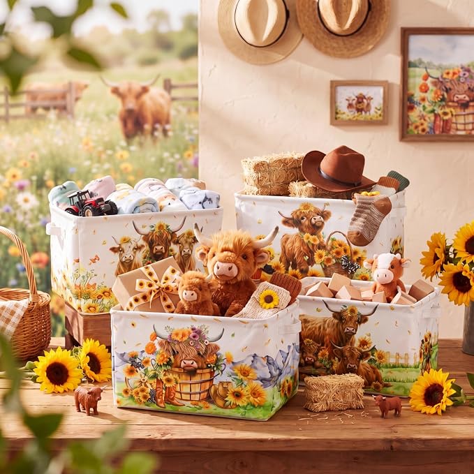 4 Pcs Highland Cow Storage Bin Collapsible Western Cow Themed Fabric Storage Basket with Handle American Country Style Organizer for Home Bathroom Bedrooms Baby Clothes Toys Books