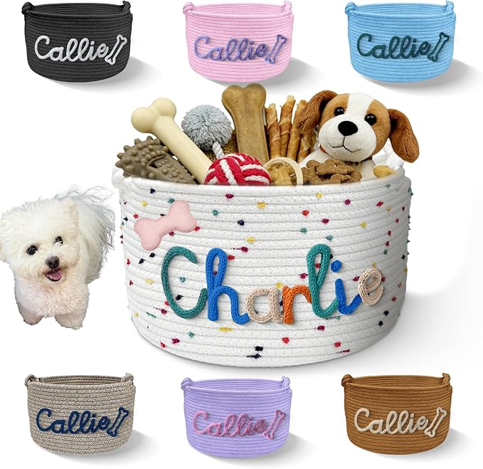 Custom Woven Dog Basket Personalized Name Multi-Use for Dog Toys, Treats & Laundry Customized Durable Handwoven Cotton Rope Pet Storage Organizer, Cat Room Decor, Gift for Dog Lovers