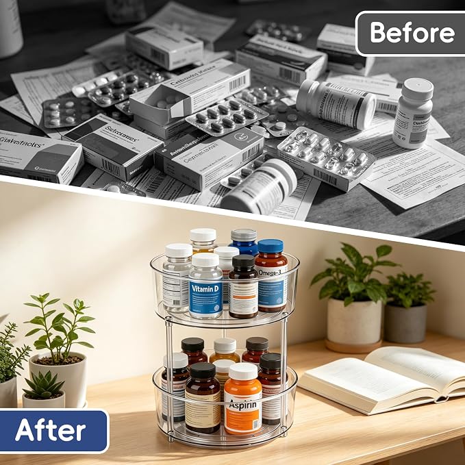 2 Tier Medicine Bottle Organizer, Lazy Susan Organizer for Prescription and Vitamin Bottles, Medicine Cabinet Organizer for Countertop and Bathroom, Transparent Organizer for Empty Pill Bottles