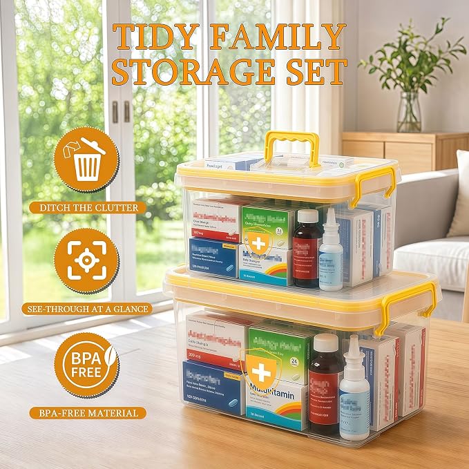 2 Pack Clear Medicine Organizer Box with Handle, Plastic Medicine Container with Tray First Aid Box Empty, Thickened Medicine Storage Organizer Multipurpose Medication Organizer Storage, Yellow