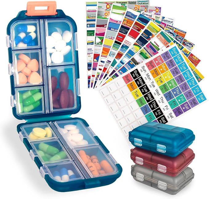 3 Pack Pill Organizer Travel Case - 10 Compartments Large Weekly Pill Container with 420 Labels, Double Lock Design, Portable for Home/Travel/Purse