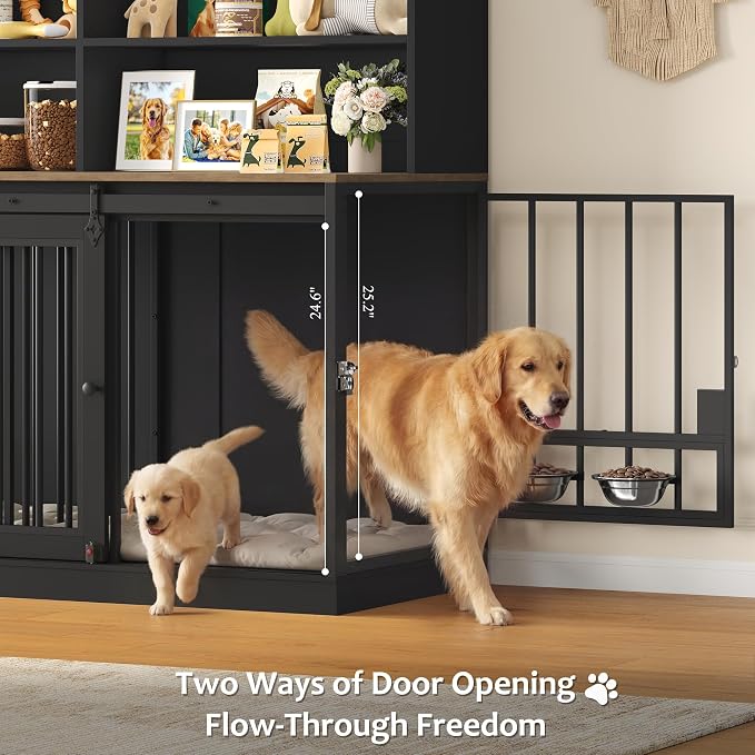 HOSTACK 71" Tall Dog Crate Furniture, Indoor Dog Kennel with Storage, Black | Removable Room Divider, 4 feeding bowls, Adjustable Shelves, Metal Lock & Spring Latch, Farmhouse Pet House for XL/XXL Dogs