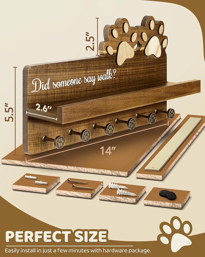 MTERSN Acacia Wood Dog Leash Holder for Wall with Shelf & 6 Hooks, Brown | 3D Doy Paw Six Hooks, Dog Leash Holder for Keys & Sunglasses, Wall Organizer for Entryway, Cute Home Accent for Wall Decor