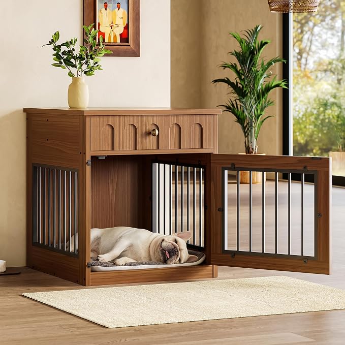 IRONCK 25.6" Wooden Dog Crate Furniture with Storage for Small Dogs | Drawer and flip top keep pet supplies tidy. Reinforced steel frame. Walnut finish for living rooms and hallways.