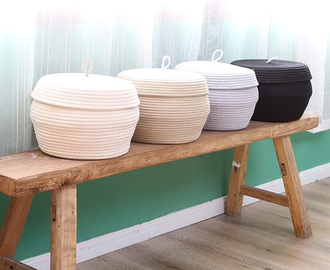 Sea Team Round Woven Cotton Rope Storage Basket with Lid, Black | Lidded Knitted Decorative Storage Bin, Pot, Caddy, Organizer, Container for Snacks, Towels, Plants, 13 x 9 Inches