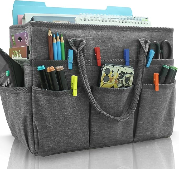 Cupohus Art Organizer Craft Storage Tote Bag with Pockets and Handles Grey | Portable Supply Storage for Sewing, Scrapbooking, Journal, Oxford Fabric Carrying Caddy for Teacher, Officer, Artist