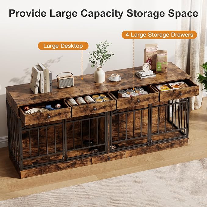 IDEALHOUSE 78.7" Double Dog Crate Furniture with Storage and 4 Doors, Brown | Dog Kennel Indoor with Feeding Bowls, Wood Dog Crate TV Stand for Small Medium Dogs