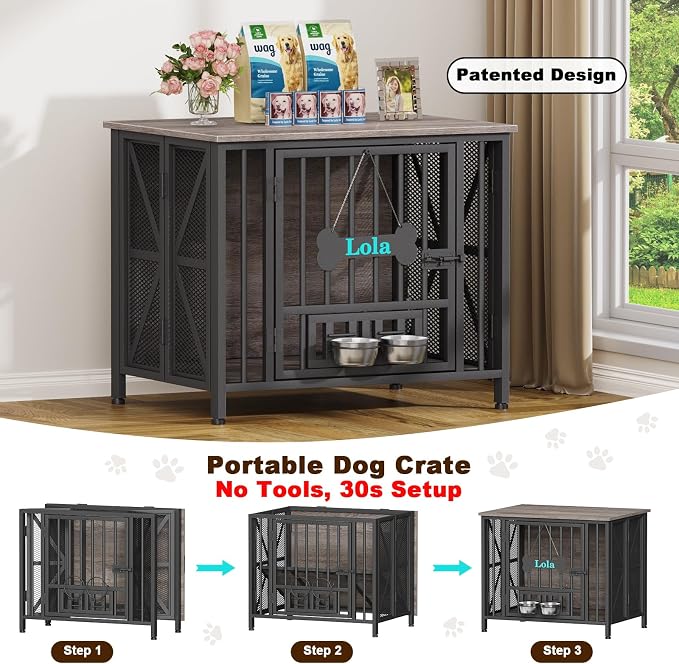 EasyCom Foldable Dog Crate Furniture, 31.5" Dog Crates for Small/Medium Dogs, Wooden Dog Kennel Indoor with Tag & Adjustable Dog Bowls, Dog Cage Use as End Table/TV Stand, Oak Grey | Foldable Dog Crate Furniture, Wooden Dog Kennel Indoor