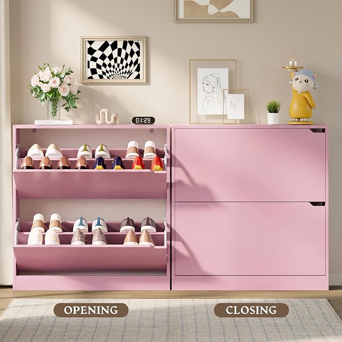 BORNOON Shoe Cabinet with 2 Flip Drawers, Slim Narrow Shoe Storage Cabinet, Freestanding Shoe Organizer with Adjustable & Removable Shelves, Top Display Shelf for Entryway, Hallway, Foyer, Closet