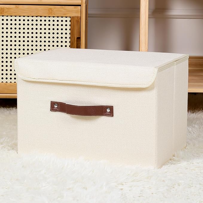 ANMINY Fabric Storage Box Bins with Lids, Beige, 15"x10"x10" | Keepsake Memory Storage, Cotton Linen, PP Board Reinforced, Washable, PU Handles, Foldable & Stackable, Decorative, Large