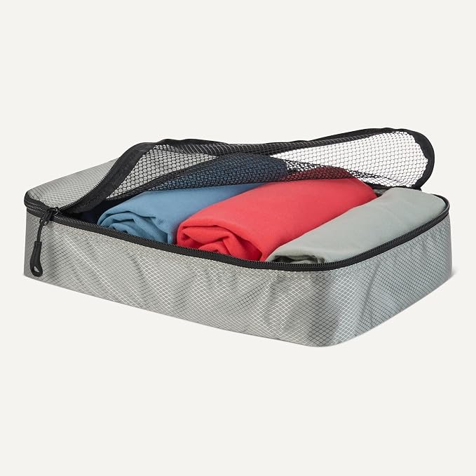 Amazon Essentials 4-Piece Packing Cubes Travel Accessories Set, Space-Saving Luggage Organizer with Double Zipper, Mesh Top Panel, Small/Medium/Large/Slim, Gray (Previously Amazon Basics)