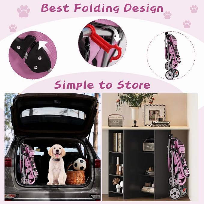 Dog Stroller With Storage Basket,3 Wheels Pet Stroller,Breathable Compact Portable Folding Carrier For Travel,Camping,Dog Carrier For Small Medium Dogs Or Cats,Lightweight Waterproof Pet Stroller,PINK