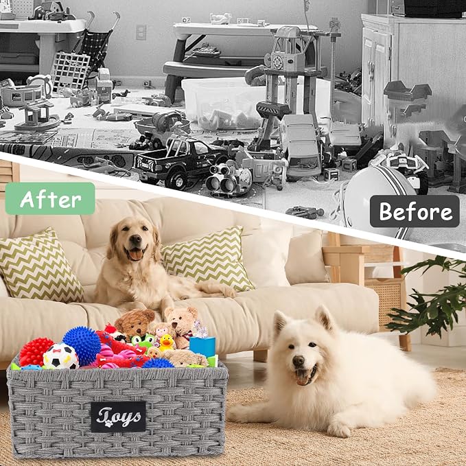 Dog Toy Basket Metal Frame Woven Rattan Foldable Bin, Dog Toy Storage Organizer for Living Room,Entryway,Toy Storage Organizer with Collapsible Rectangular Design,Pet Toy Basket for Dogs,Cats-Grey