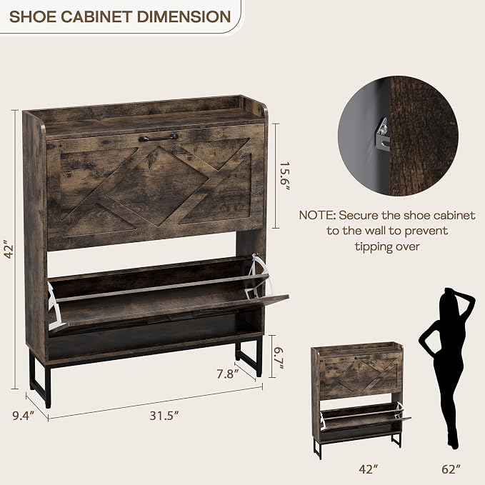 Shoe Cabinet with 2 Flip Drawers, Entryway Organizer, Chestnut | Slim Wood Shoe Rack with Metal Legs, Farmhouse Shoe Cabinet Storage for Entryway, Foyer, Hallway, Shoe Dresser with Hook