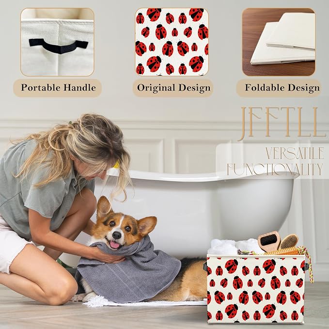 Ladybug Storage Bins with Handles, Lady Bug Gifts for Women Men, Cute Red Ladybug Insect Collapsible Laundry Basket Storage Box for Home Bedroom Bathroom Clothes Toys Books