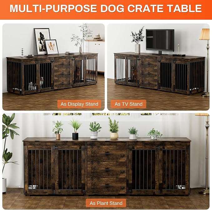 Rophefx 94.5" Dog Crate Furniture for 2 Dogs, Wooden Kennel TV Stand,Brown | Indoor double dog house with 3 storage drawers, 4 feeding bowls, lockable doors, and a wide top for large and medium dogs