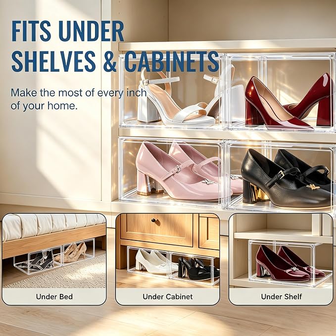 2 Pack Low Profile Clear Shoe Storage Box for Flats,Loafers,Heels | Space-saving design fits under shelves and cabinets.Perfect for flats, loafers and everyday footwear.Fit up to size 12 or 13