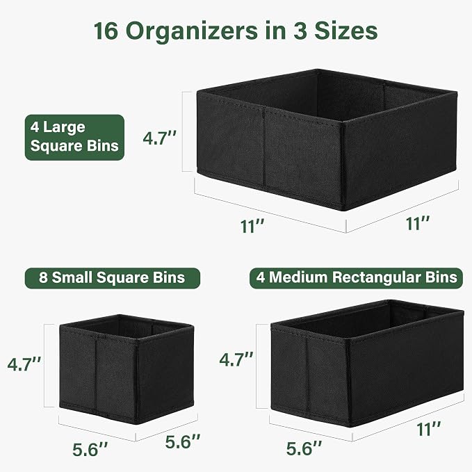 Kootek 16 Pack Drawer Organizer Clothes Dresser Organizers for Clothing | 3 Sizes Bins, Foldable, Breathable Non-Woven Fabric, Closet Organizers and Storage, Easy Assembly, Hold Baby Clothes, Nursery