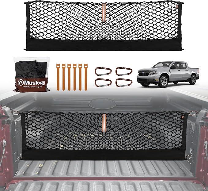 Muslogy for Maverick Cargo Mesh Net Accessories Stretchable Trunk Organizer Cargo Elastic Mesh Bed Net with Hooks Compatible with Ford Maverick XL XLT 2022 2023 2024 2025 | Custom Fit, Truck Bed Storage Organizer Net for Pickup Truck Bed Divider, Heavy...