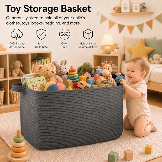 OIASKET 118L Extra Large Blanket Basket Living Room, 24.8"x17.7"x16.2" | Woven Rope Baskets for Storage, Nursery Blanket Storage for Living Room, Toy Basket with Handle Organizing Comforter Pillows